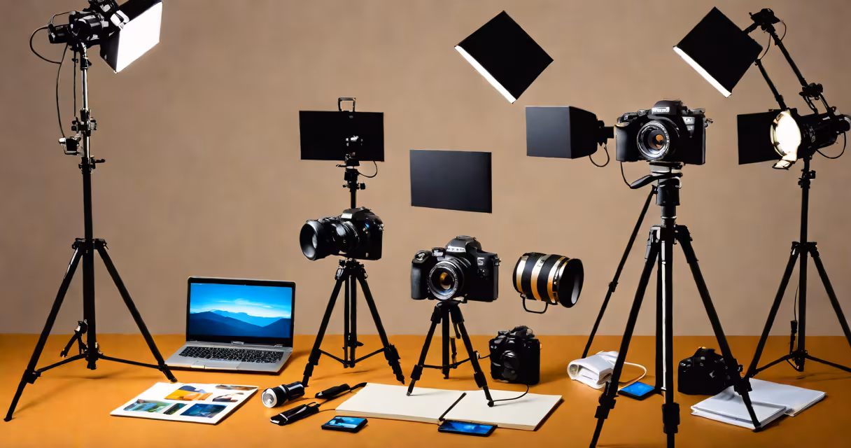 Camera, smartphone, and laptop setup for selling photos online