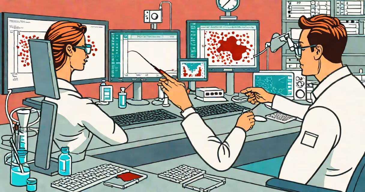 Lab technician analyzing blood sample results on computer screen
