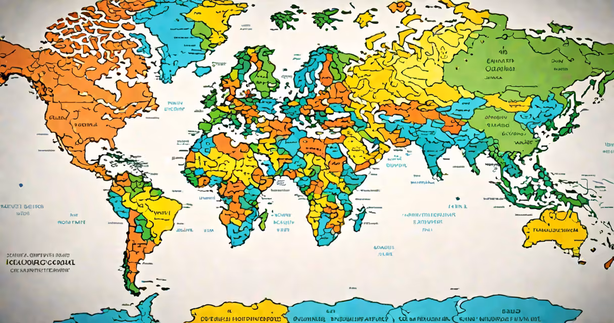 World map with country borders highlighted in different colors
