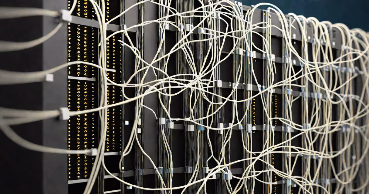 Fiber optic cables arranged in a network diagram