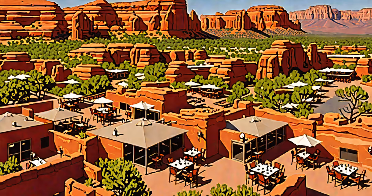 Aerial view of Sedonas red rock formations with a restaurant patio in the foreground