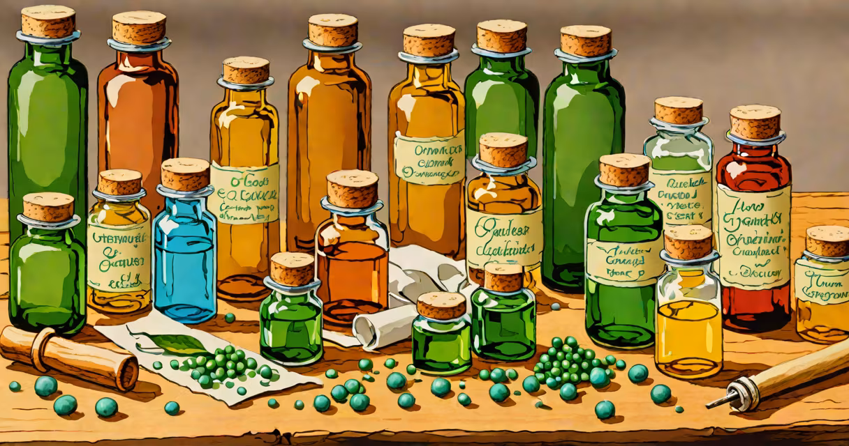 Bottles of homeopathic remedies arranged on a wooden table