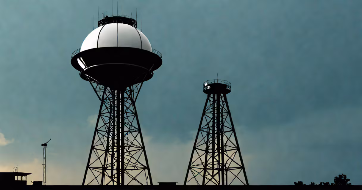 Aerial view of the Fox 13 Skytower Radar tower against a stormy sky
