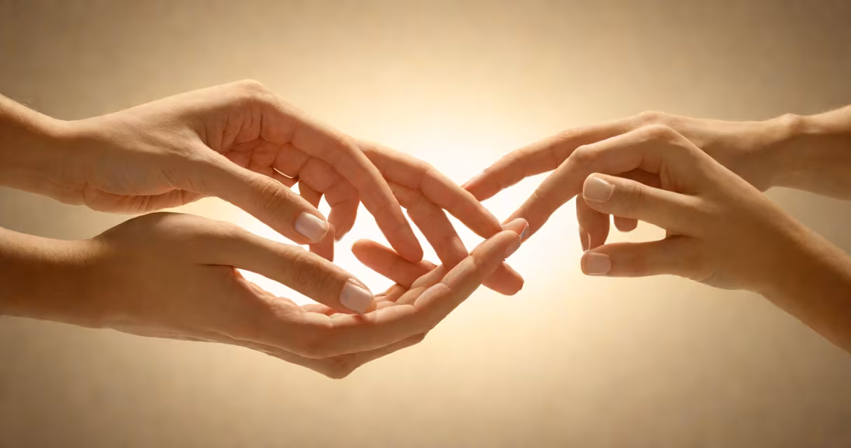 Two people facing each other, hands touching, surrounded by soft light