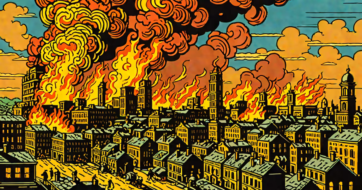 Engraving depicting the Great Chicago Fire burning the city