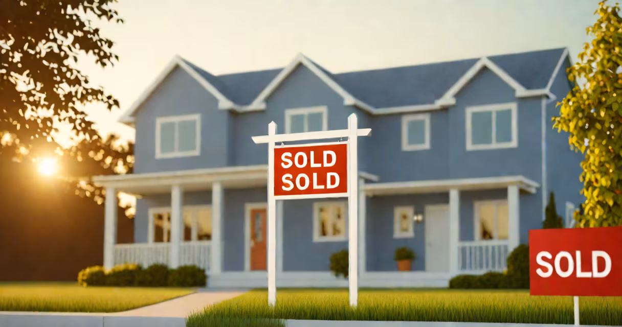 A suburban house with a sold sign in front