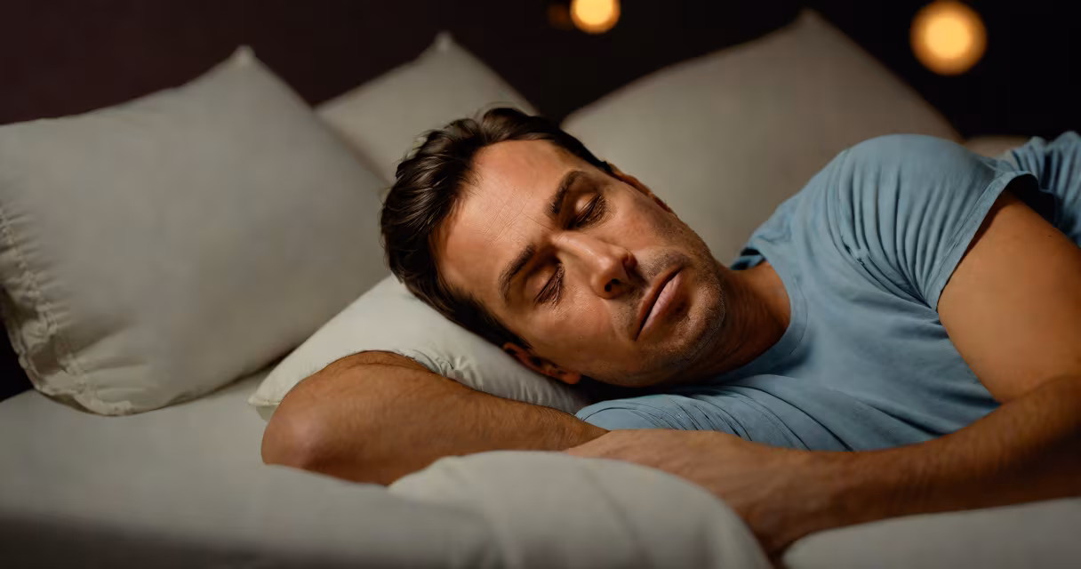 Person lying in bed with a troubled expression, unable to sleep