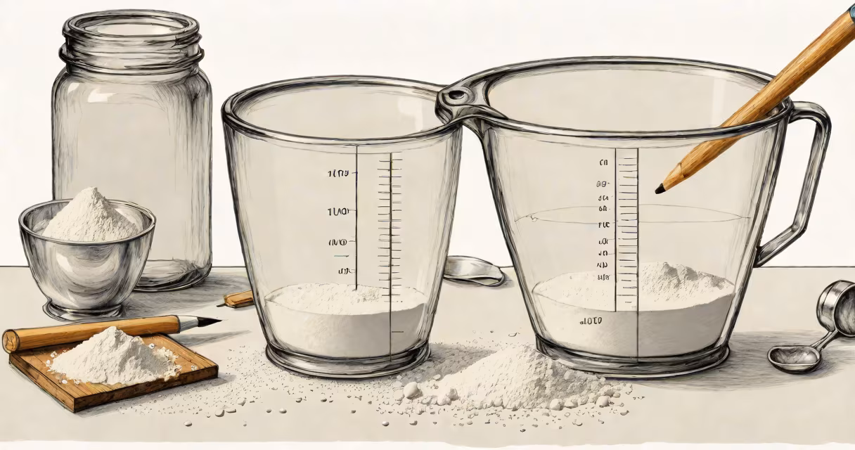 A kitchen scale measuring flour into a clear glass cup