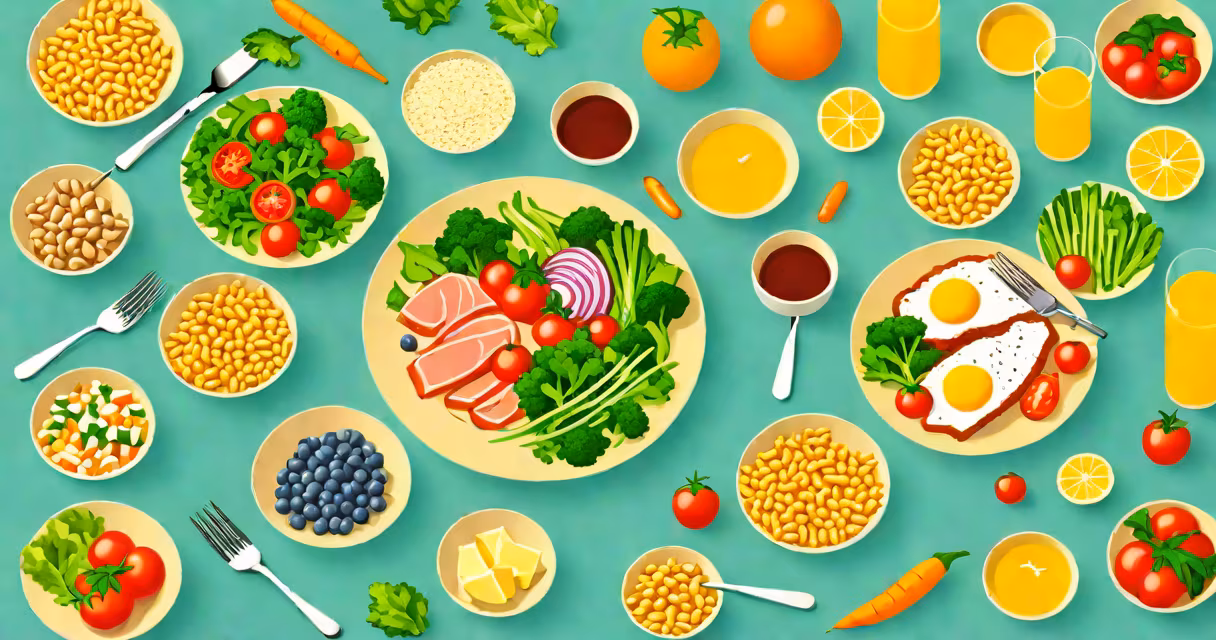 Colorful plate of balanced meal with vegetables, lean protein, and whole grains