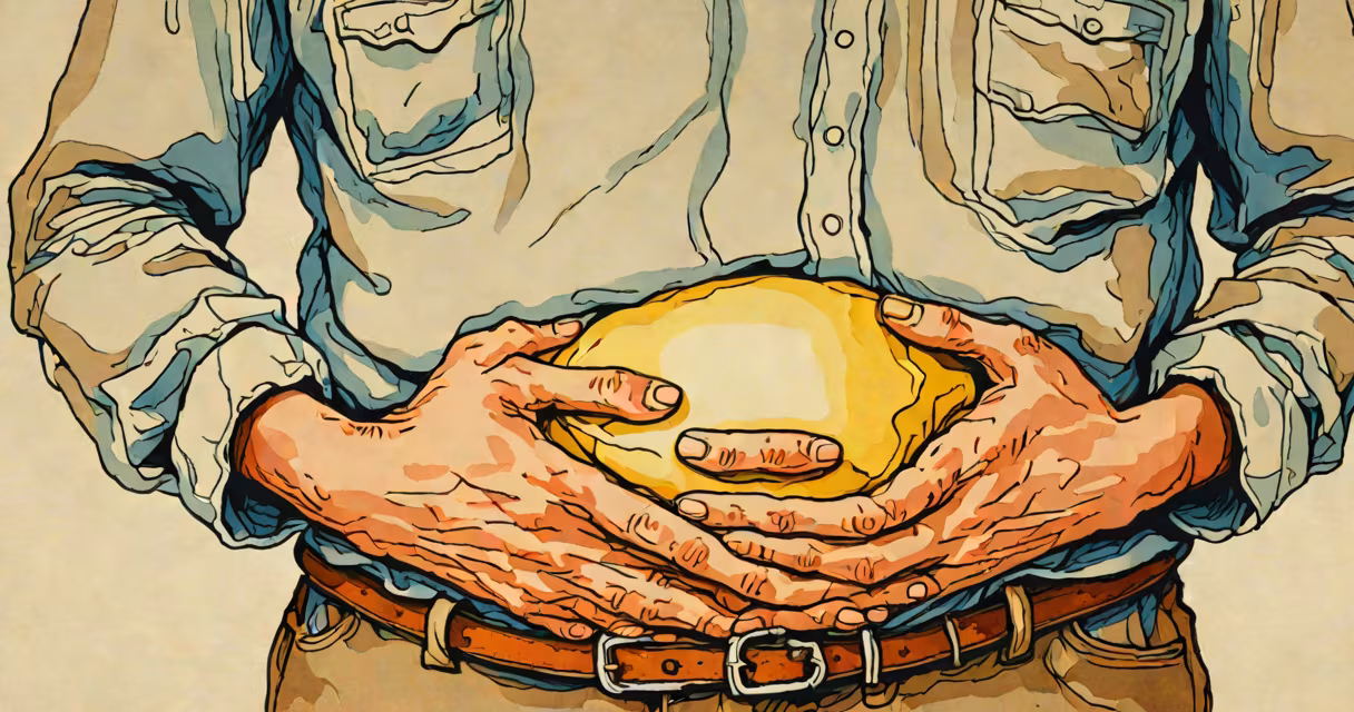 A person holding their stomach with a concerned expression