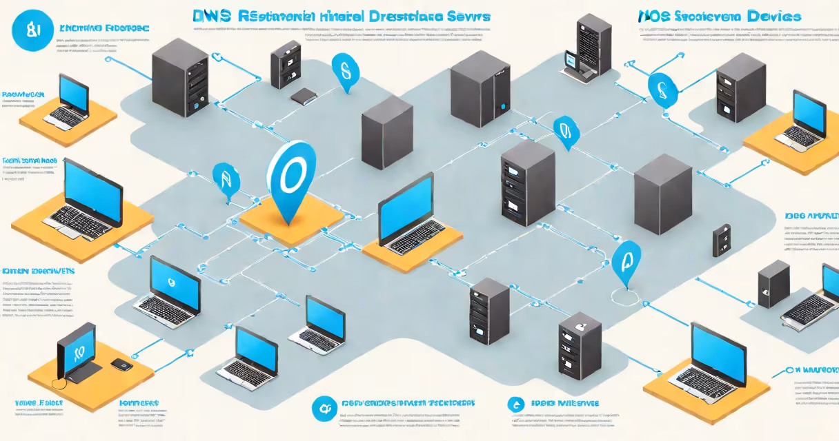 Diagram showing DNS resolution process between devices and servers