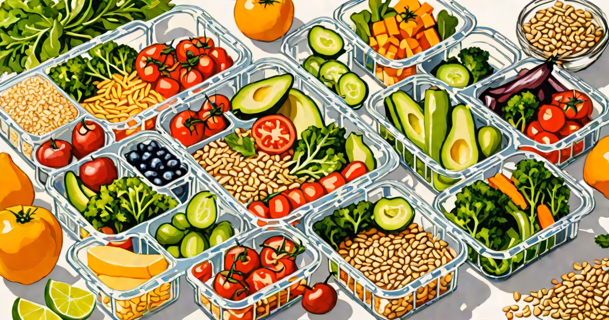 A meal prep container with balanced portions of protein, vegetables, and whole grains