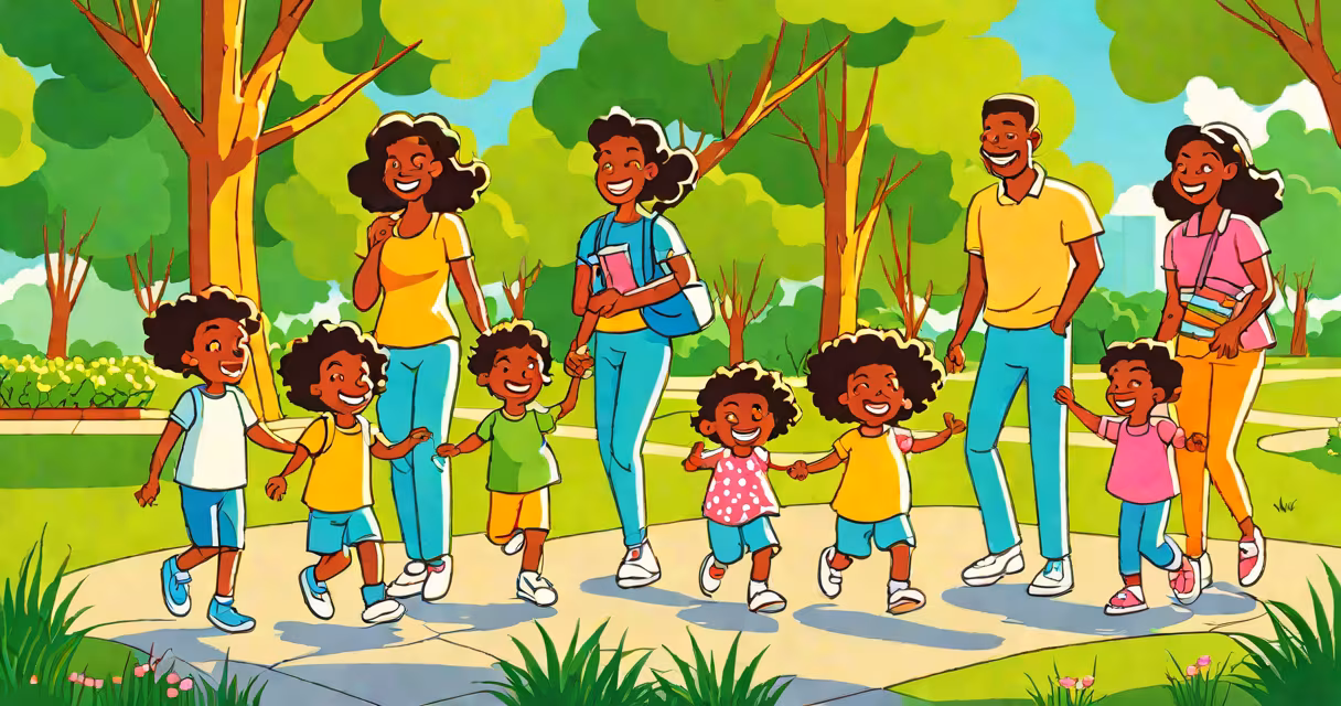 A family with young children smiling while playing in a park