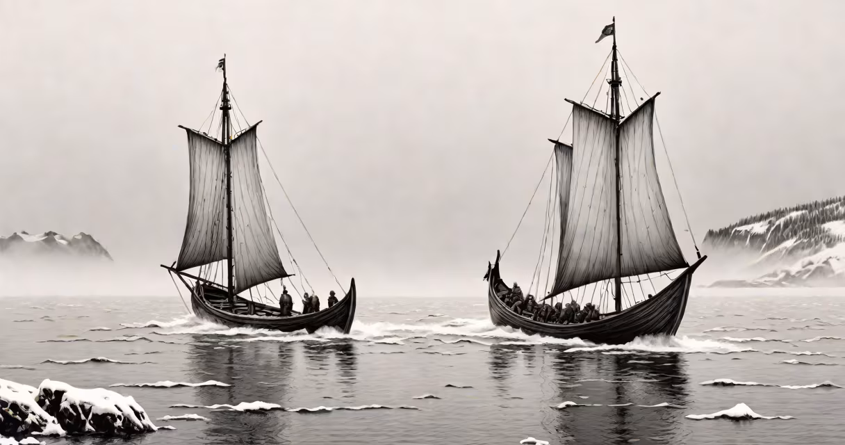 Viking longship sailing near icy coastline