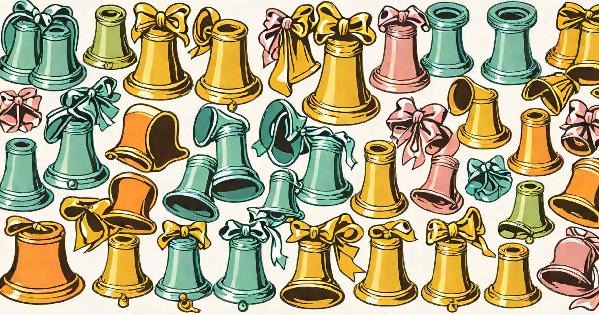 A set of vintage-style wedding bells in various colors against a white background