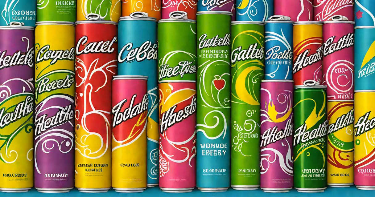 A lineup of colorful energy drink cans with nutritional labels visible