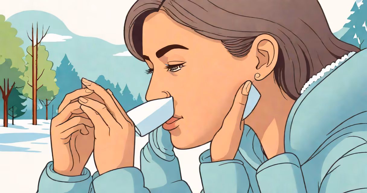 Person touching their cold nose outdoors