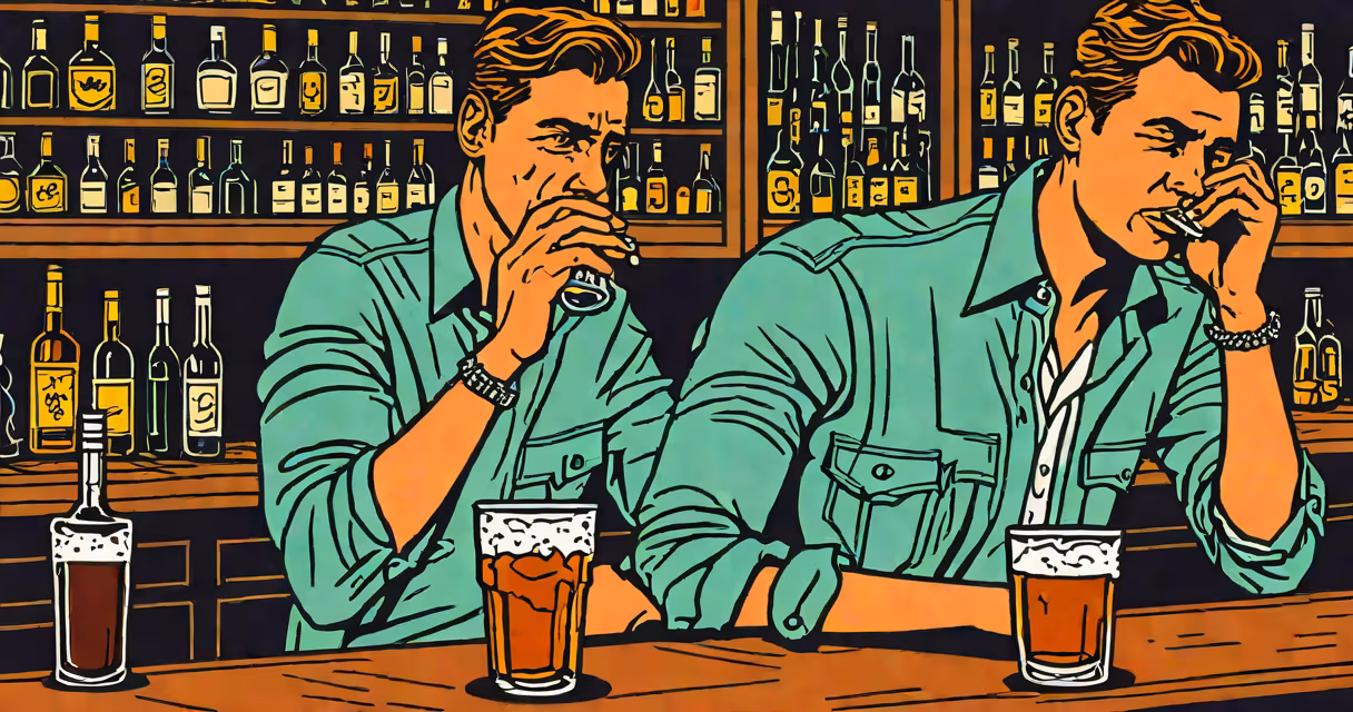 A person sitting at a bar with a drink, looking dizzy