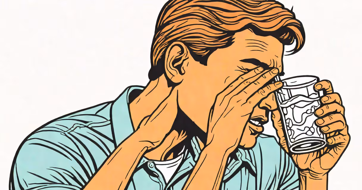 A person holding their head with a glass of water nearby