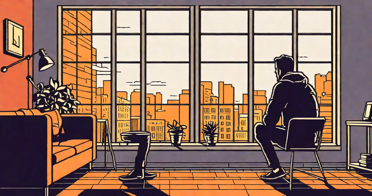 A person sitting alone in a dimly lit room, looking out a window