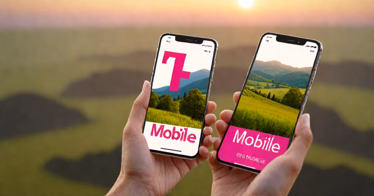 T-Mobile logo on smartphone screen with rural landscape background