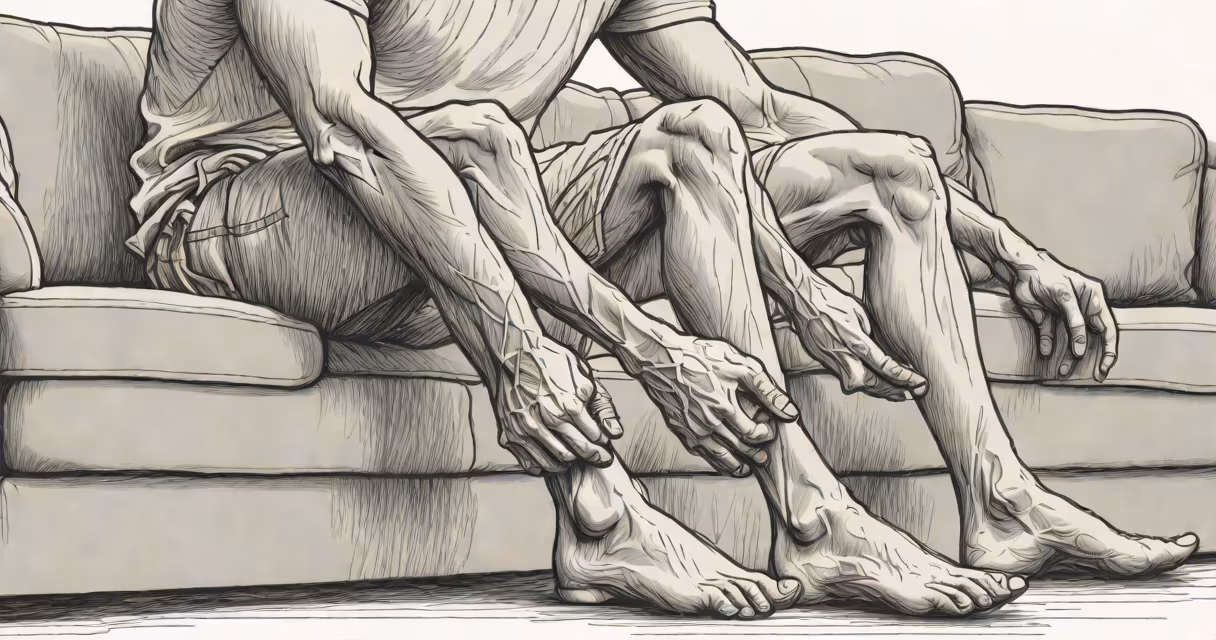 Person massaging their calf muscle while sitting on a couch