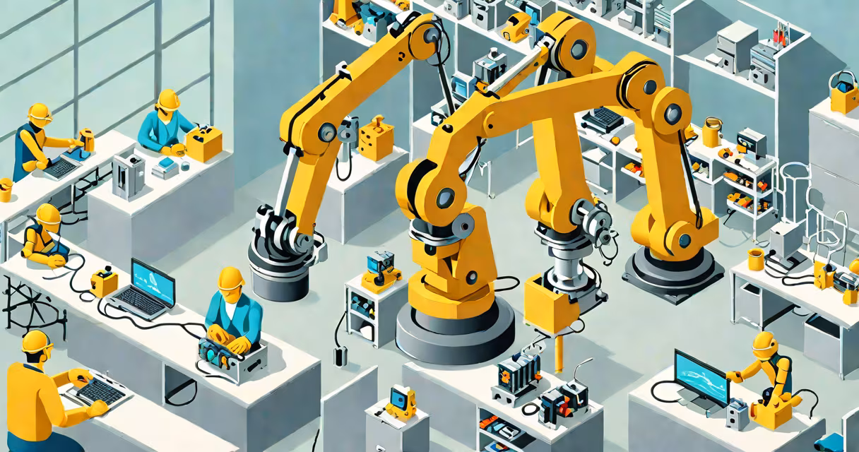A robotic arm assembling parts in a factory setting
