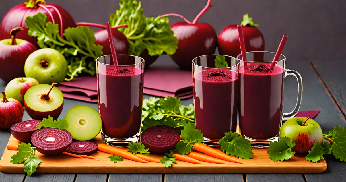 Fresh beetroot, carrots, apples, and greens on a wooden cutting board