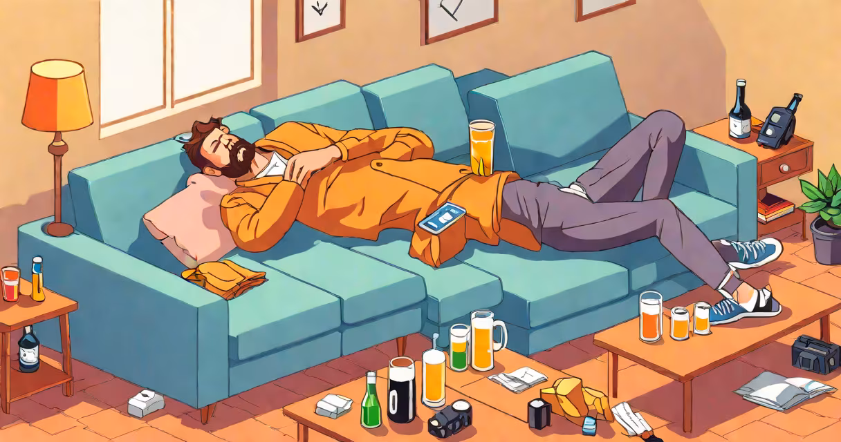 A person sleeping heavily on a couch after drinking