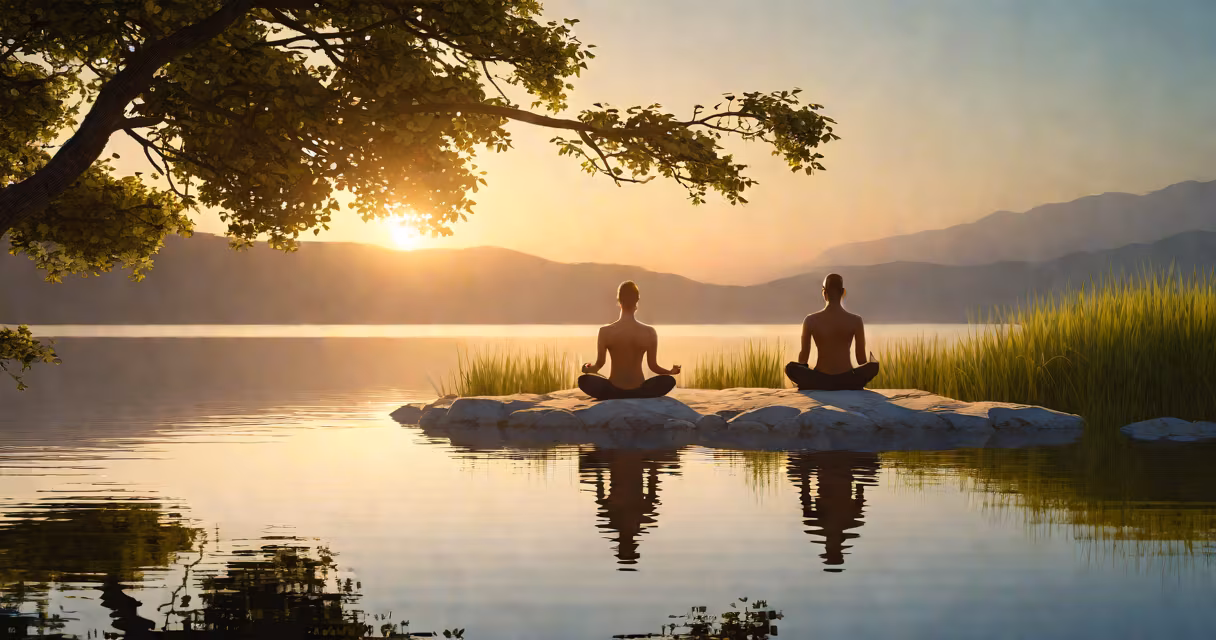 Serene landscape with a person meditating by a calm lake