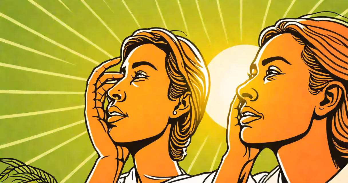 Person squinting in bright sunlight, holding hand to forehead
