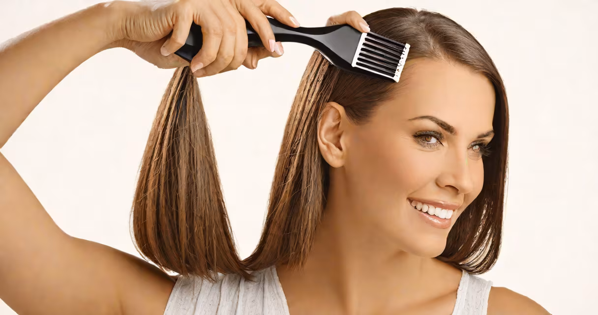 A woman wearing a hair topper while brushing her natural hair