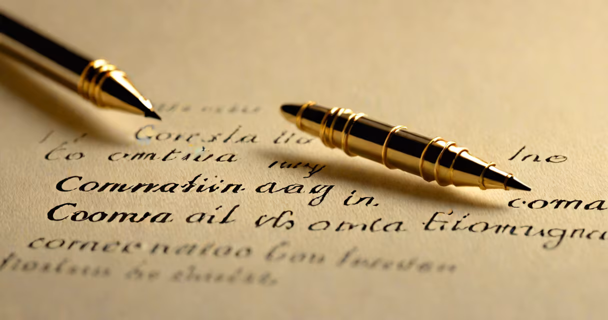 A close-up of a hand writing with a pen on paper, focusing on a sentence with commas.