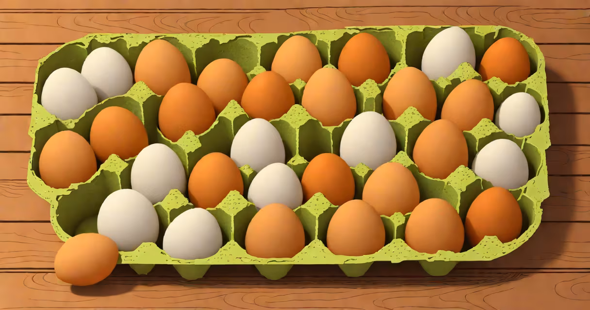 A dozen eggs in a carton on a wooden table