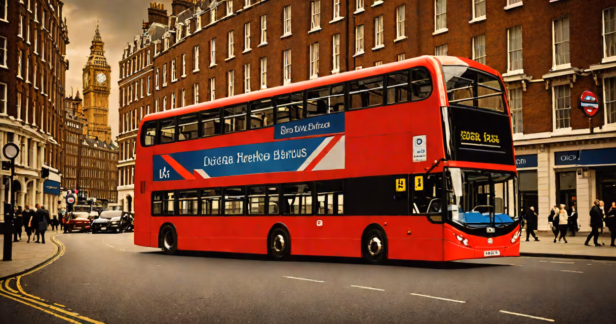 Classic red double decker bus driving through London streets