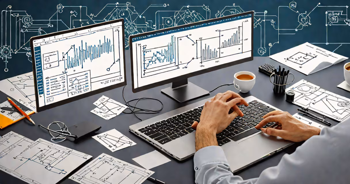 Developer typing code on laptop with software diagrams on screen