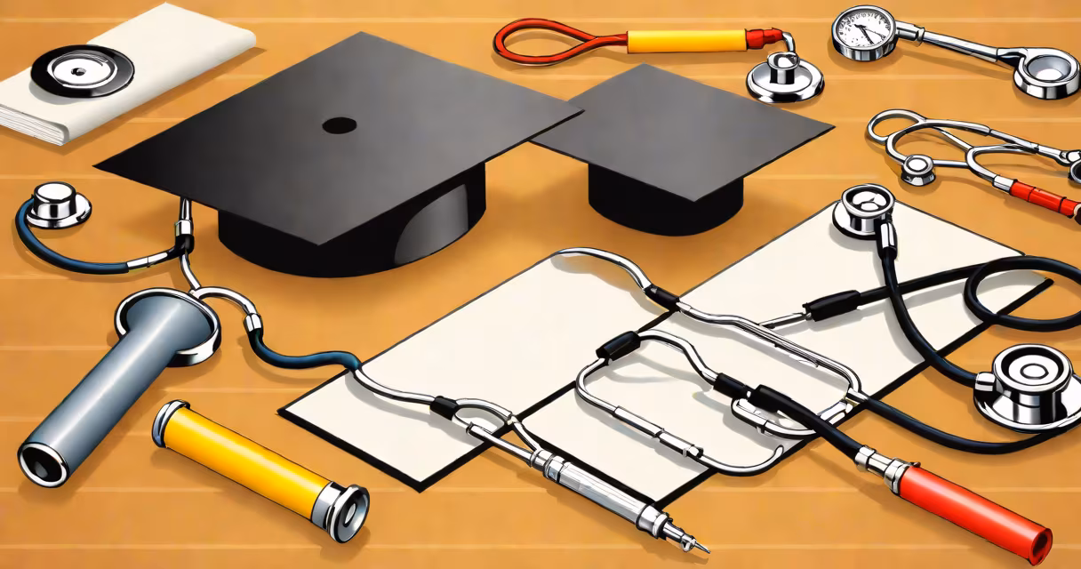 Graduation cap and diploma with a stethoscope and wrench on a table