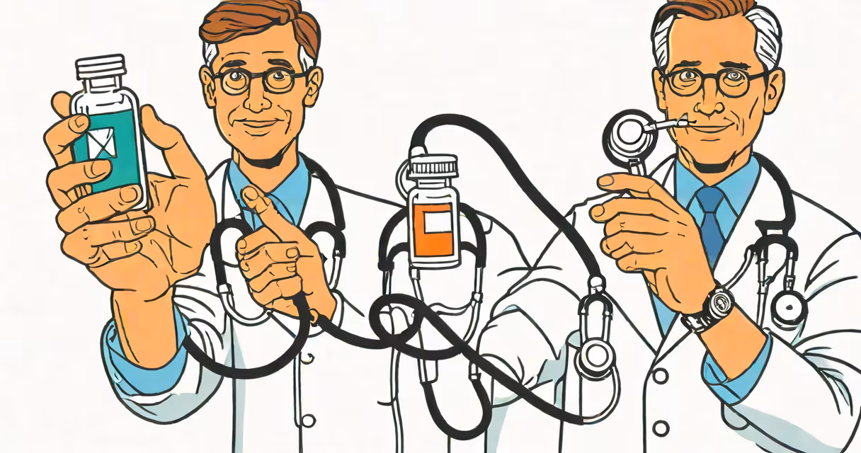 A doctor holding a stethoscope and a pill bottle
