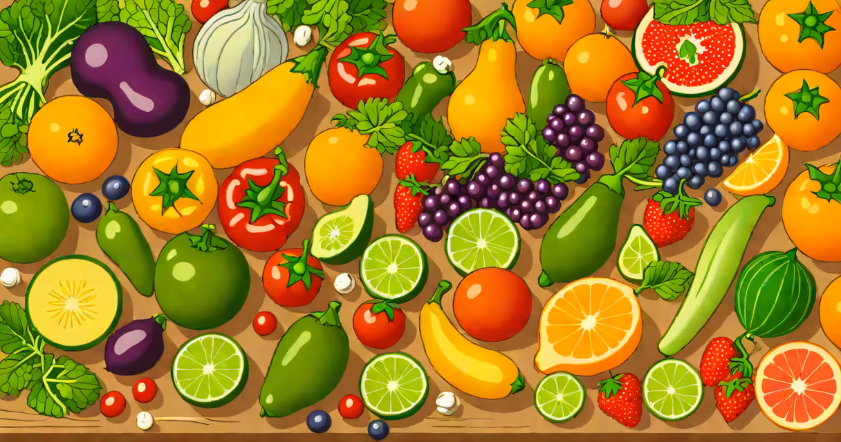 A close-up of fresh vegetables and fruits on a wooden table