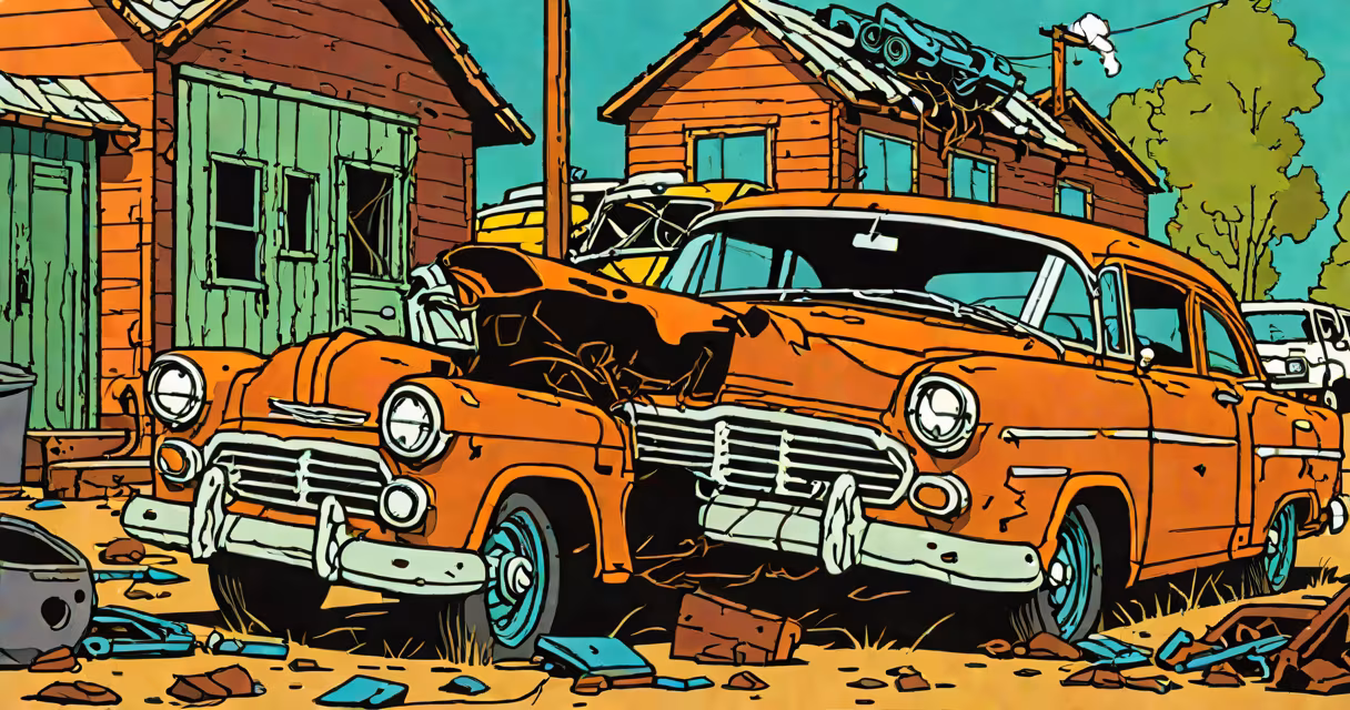 A rusted, damaged car being towed away