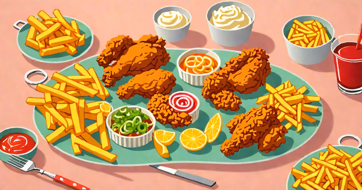 A plate of fried chicken, french fries, and onion rings