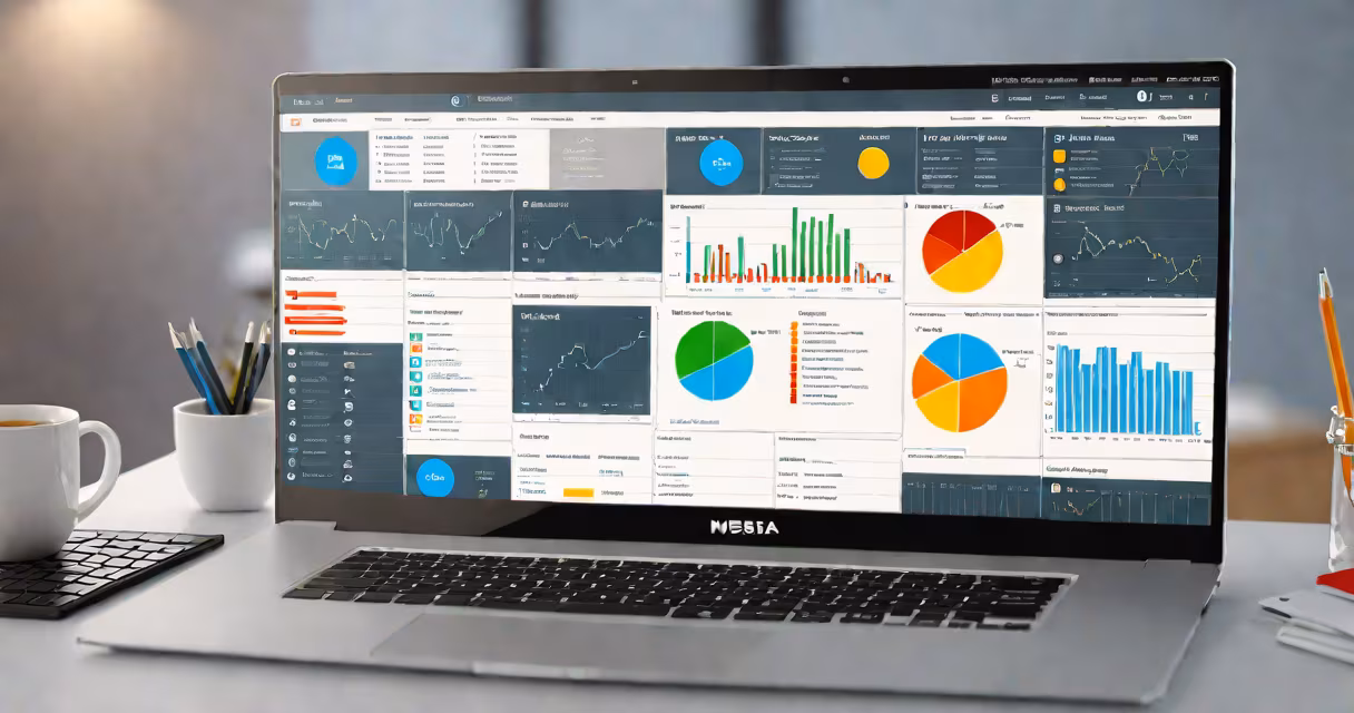 Laptop displaying a business analytics dashboard with IT infrastructure diagrams