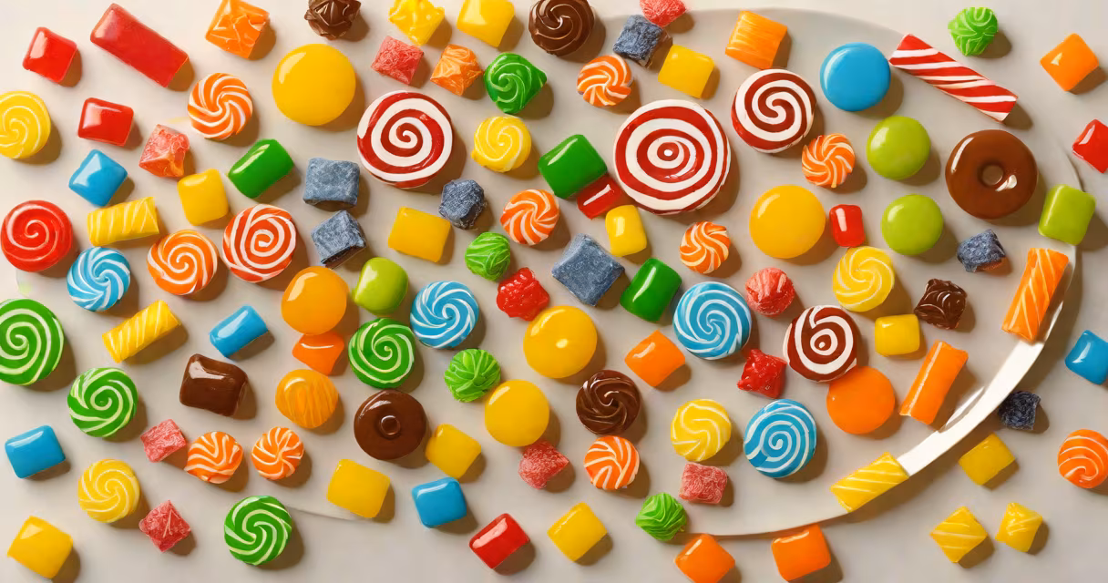Assorted low-acid candies arranged on a white plate