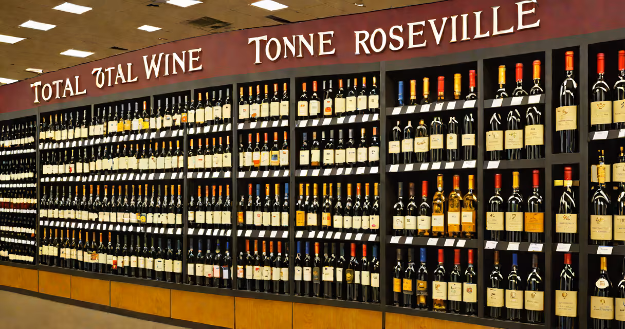Storefront of Total Wine Roselle MN with colorful wine display