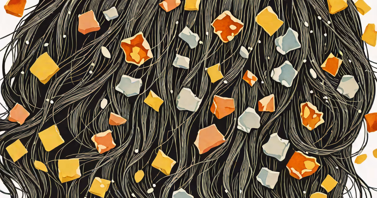 Close-up of flaky dandruff on dark hair against a white background