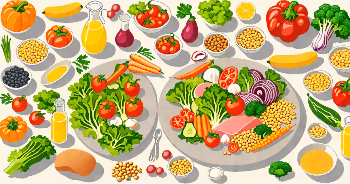 A plate of fresh vegetables, lean proteins, and whole grains on a white background