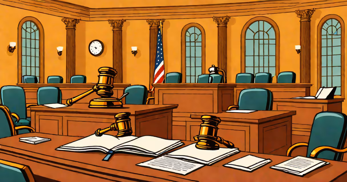 Courtroom with gavel and legal documents