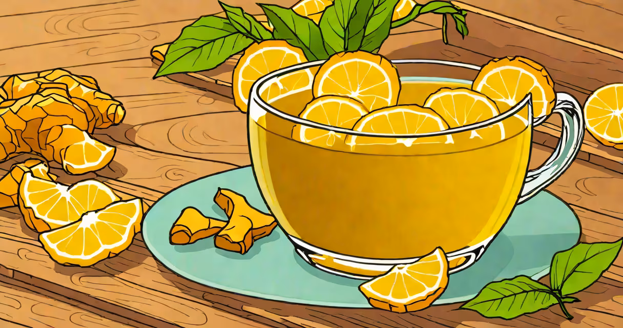 A glass of ginger tea with fresh ginger slices on a wooden table