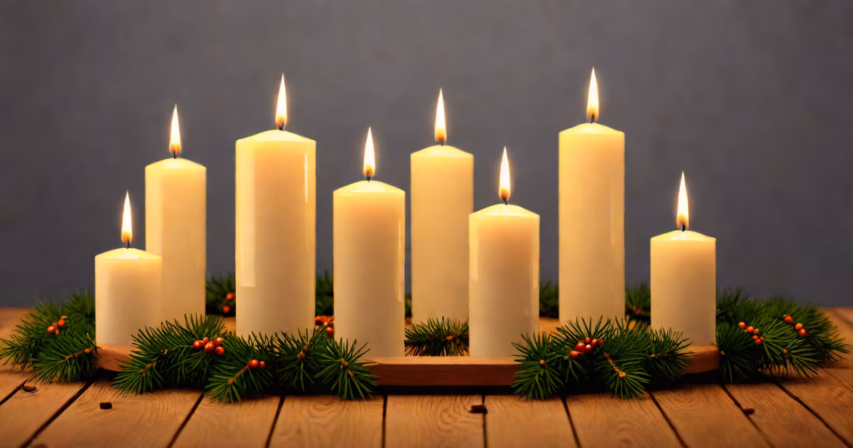An Advent wreath with four lit candles on a wooden table