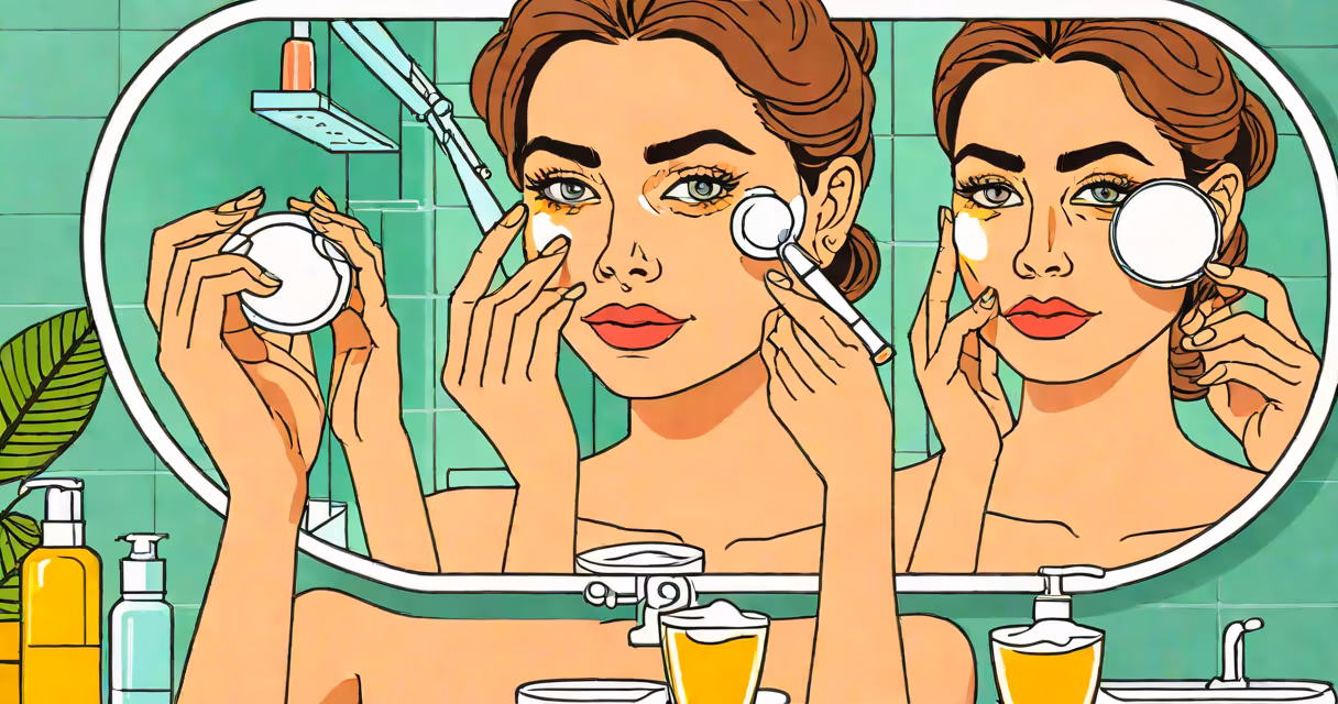 A woman applying cream under her eyes in front of a mirror
